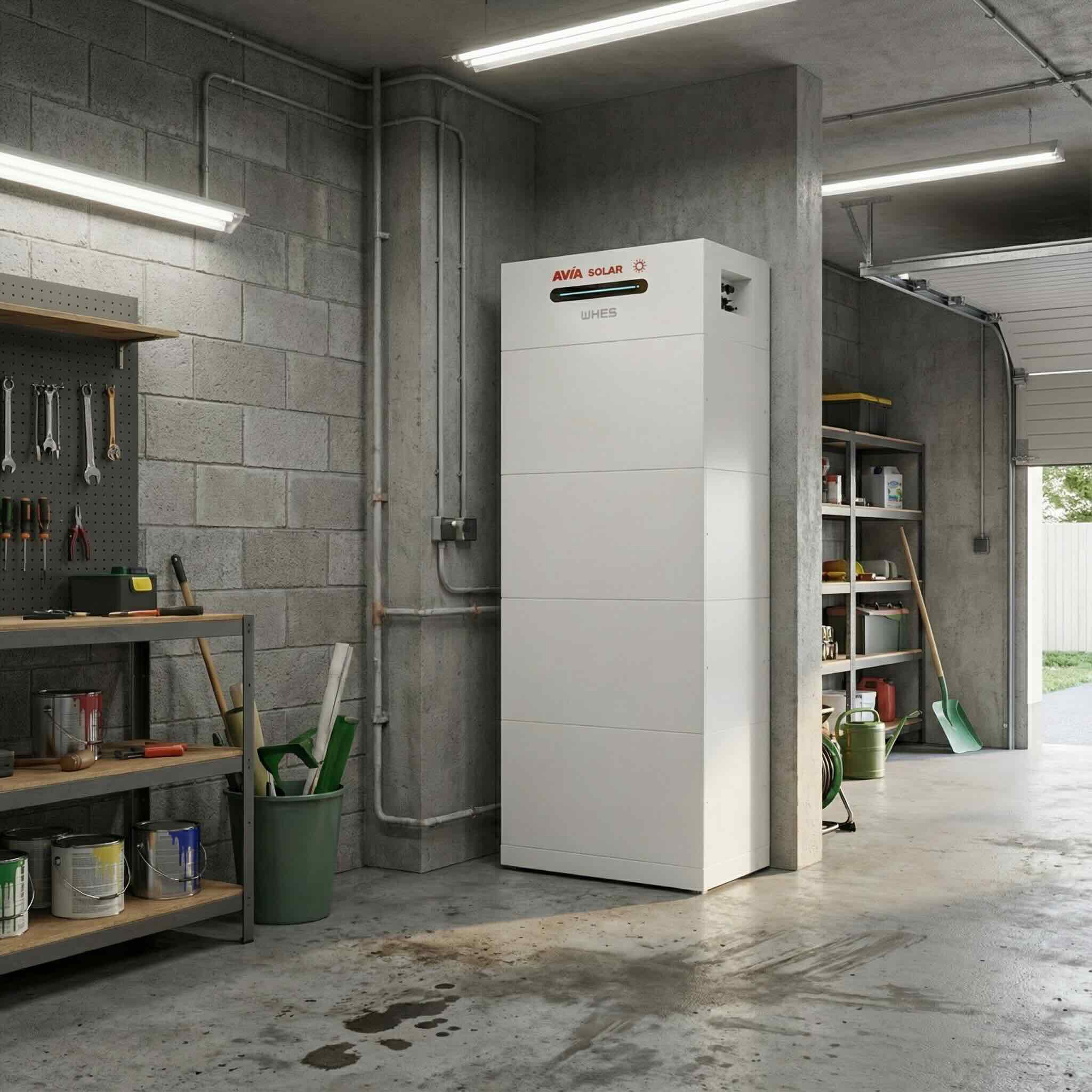 AVIA Solar WHES Hochvolt-Energiespeicher Myrtillo im Hauswirtschaftsraum – modularer Stromspeicher mit CATL-LFP-Zellen und 10 Jahren Garantie